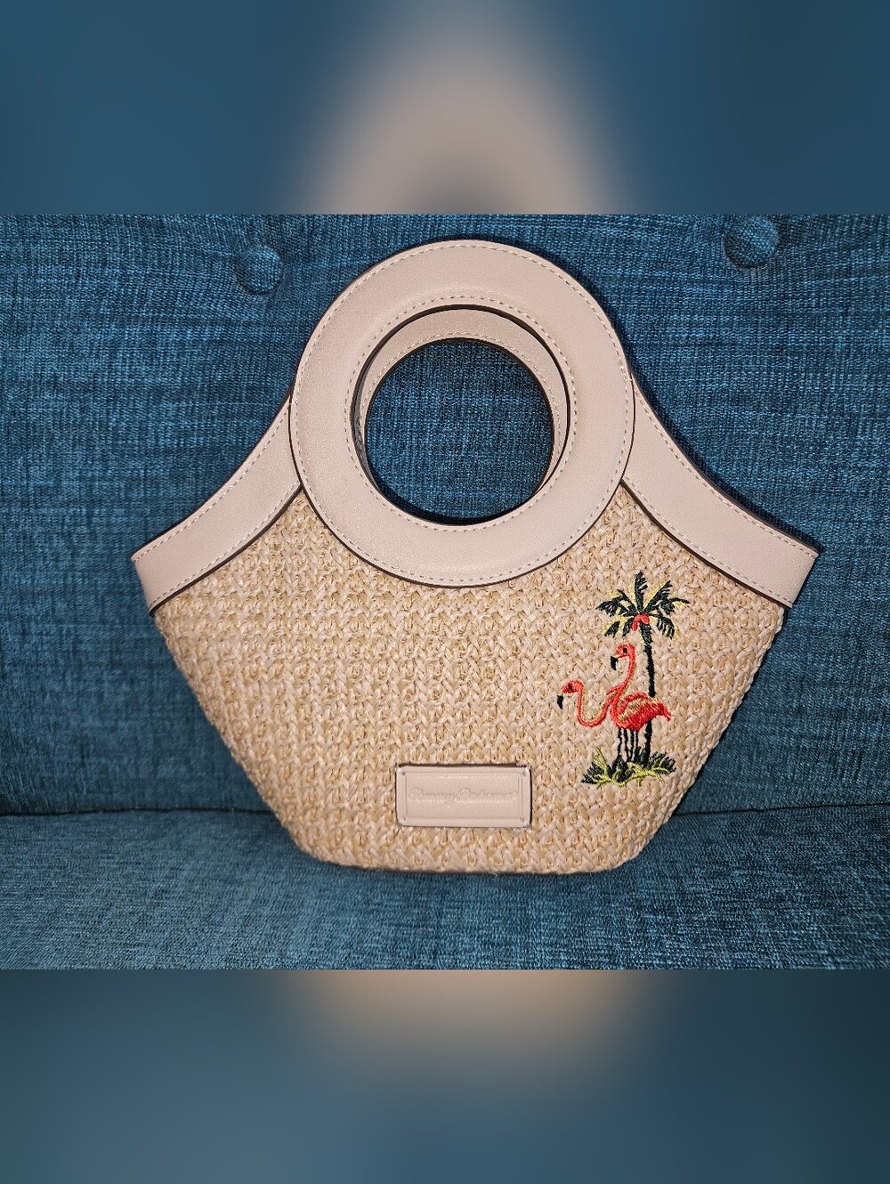 Tommy Bahama Beige Straw Crossbody Bag with Pink Flamingo Embroidery **sale